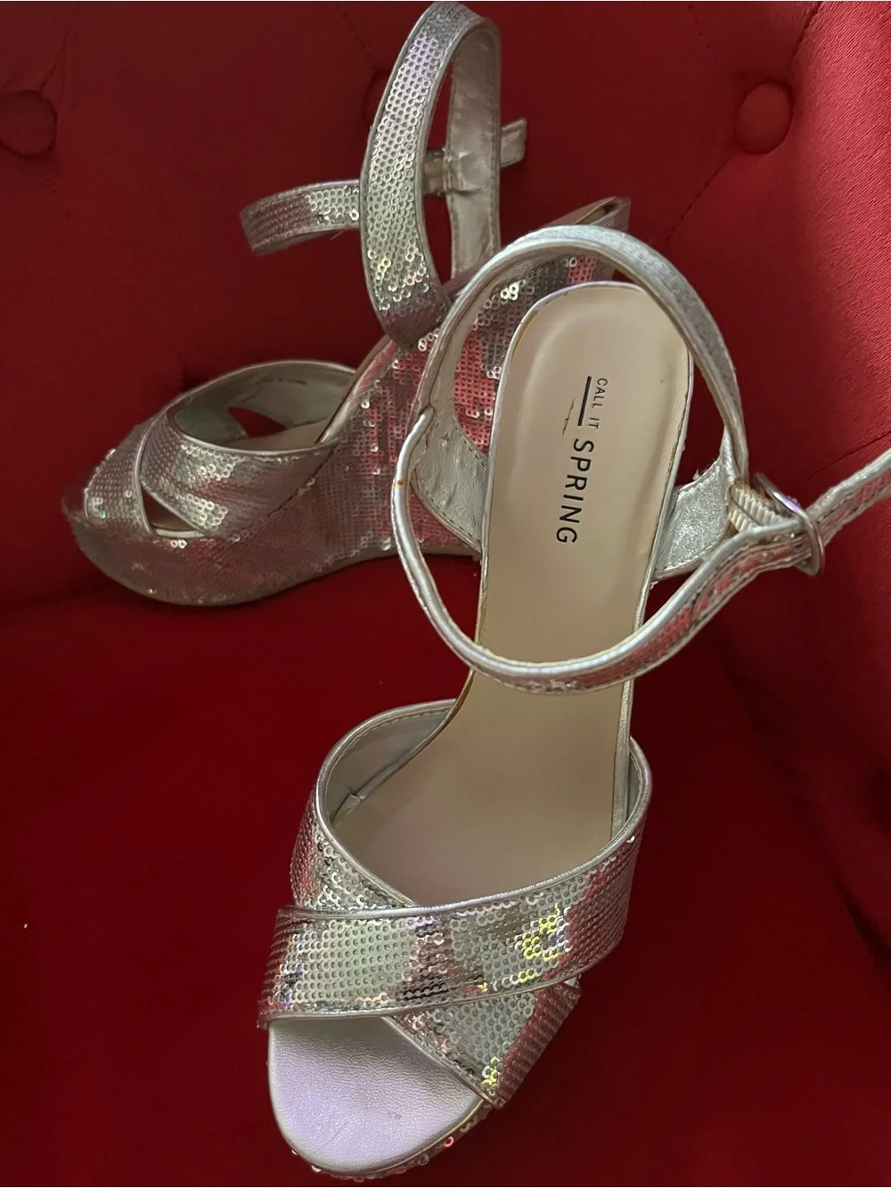Call It Spring Silver Sequin Wedge Sandal Size 7